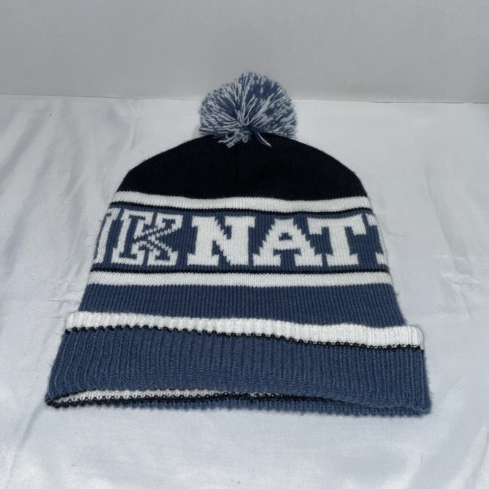 Victorias Secret PINK Beanie Blue White Pom Pom Knit Cuffed Winter Hat OSFM